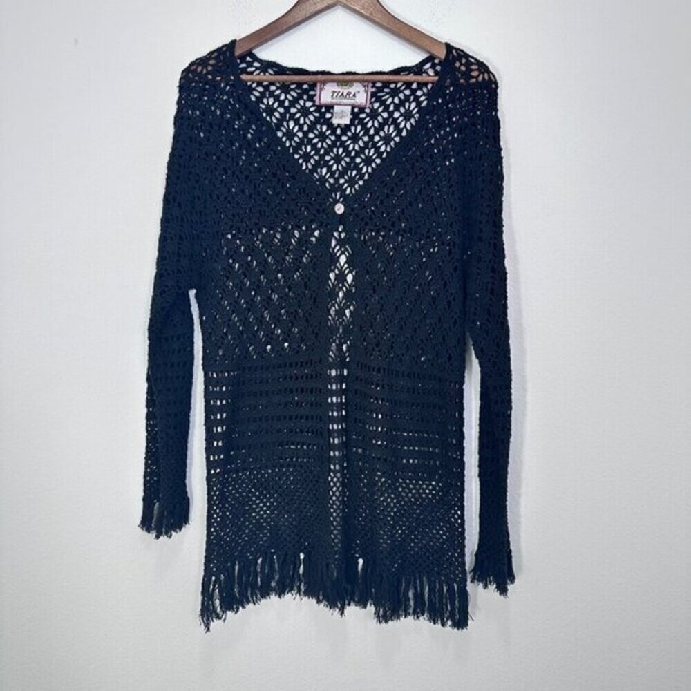 Tiara‎ Crochet Open Knit Beachy Witchy Cardigan Feminie Fringe Boho Women's M